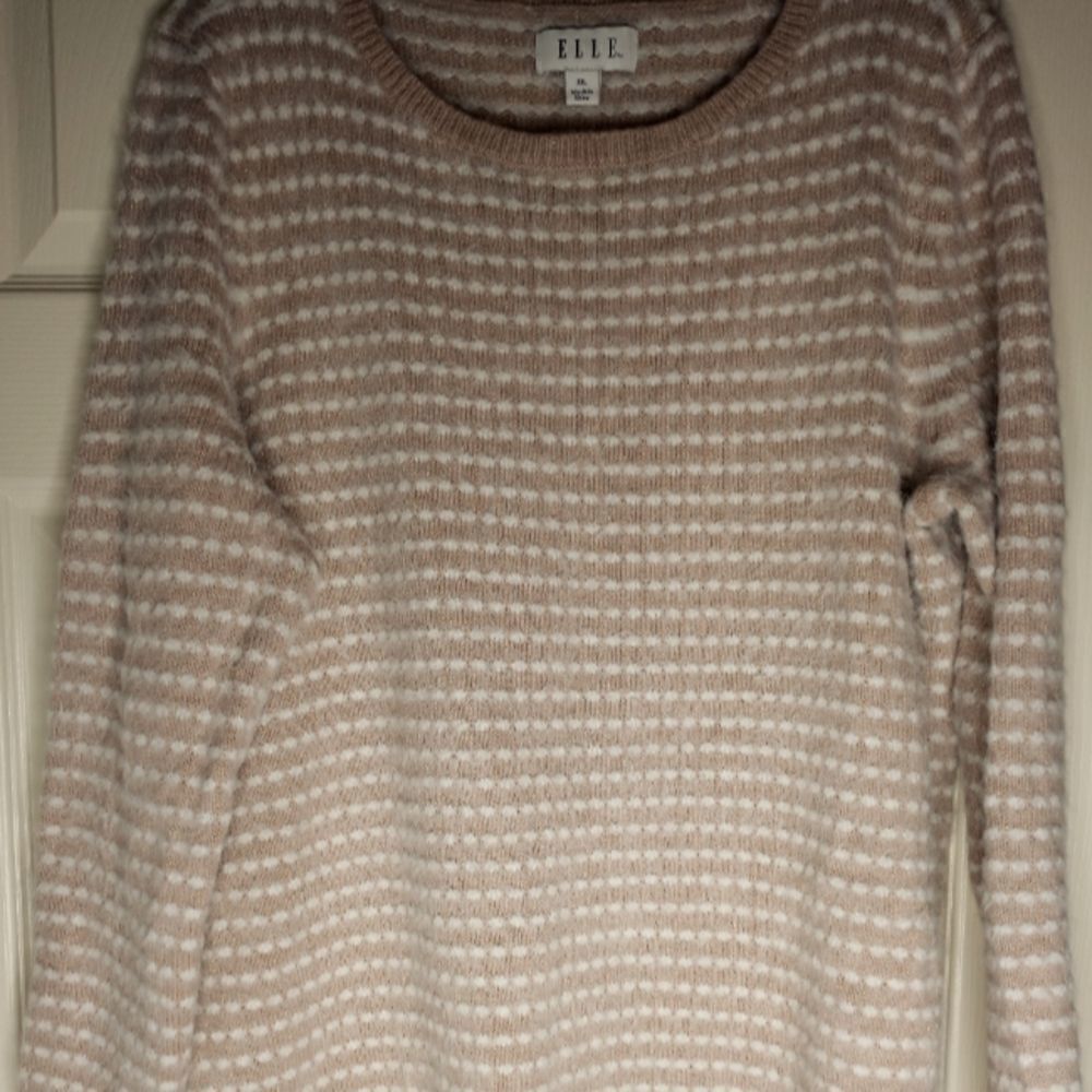 Elle XXL Beige White Stripe Scallop Hem Lngslvs Knitted Women's PulloverSweater.